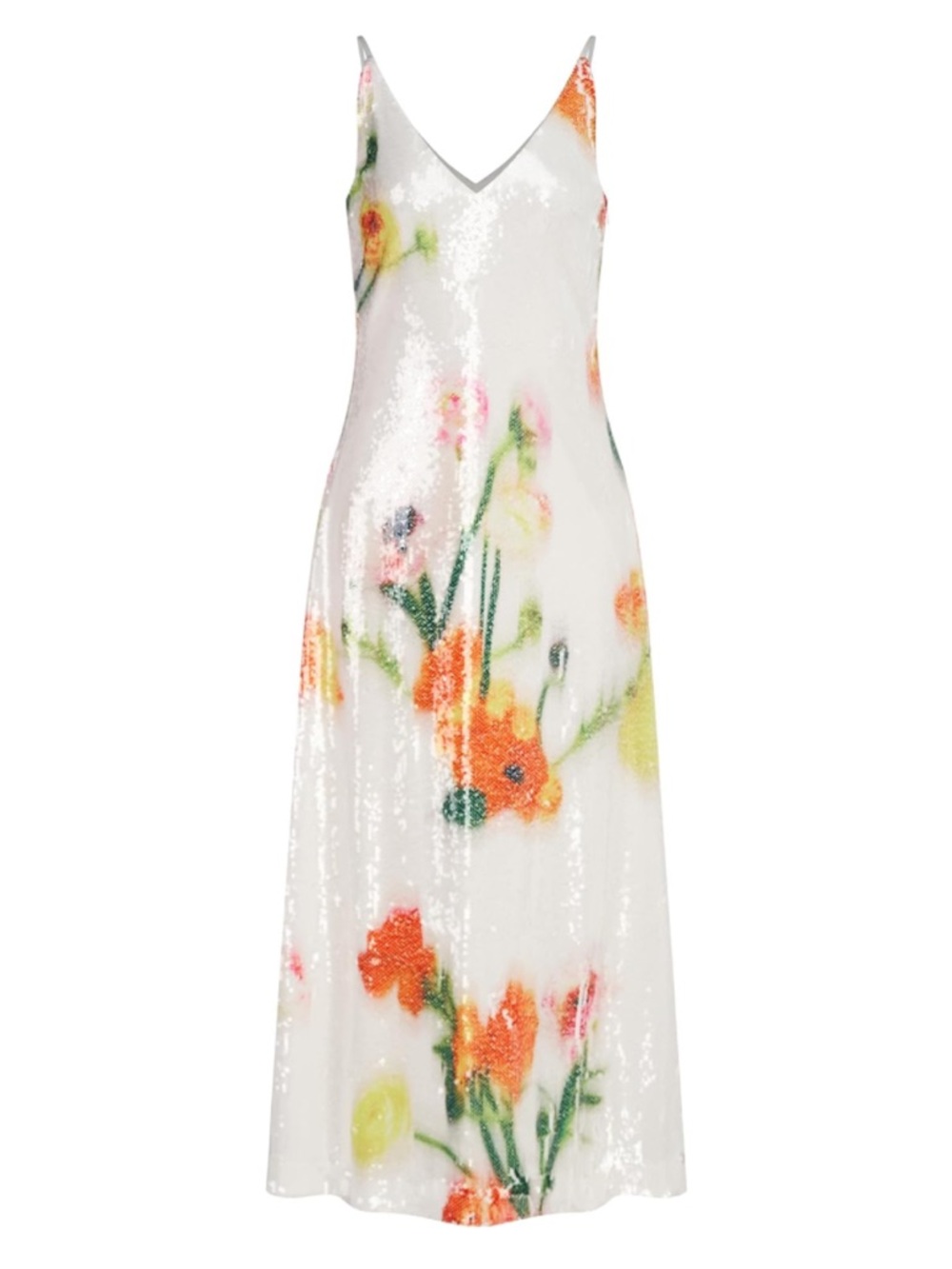 Black Label White Sequin Midi Dress with Orange Floral Print. HALSTON